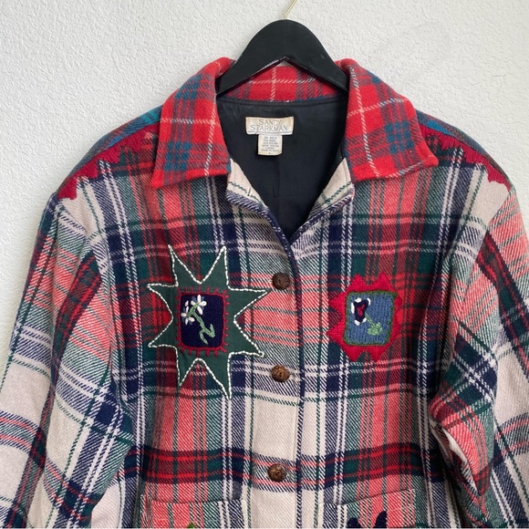 Vintage SANDY STARKMAN Red Plaid  Embroider Appliqué Wool Blend Shacket Jacket L - Picture 7 of 15